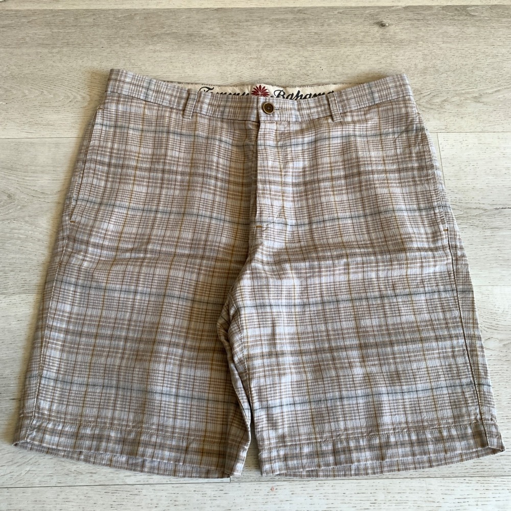 Tommy Bahama Mens Plaid Linen Tencel Shorts Tan Brown Paradise Nation Size 34